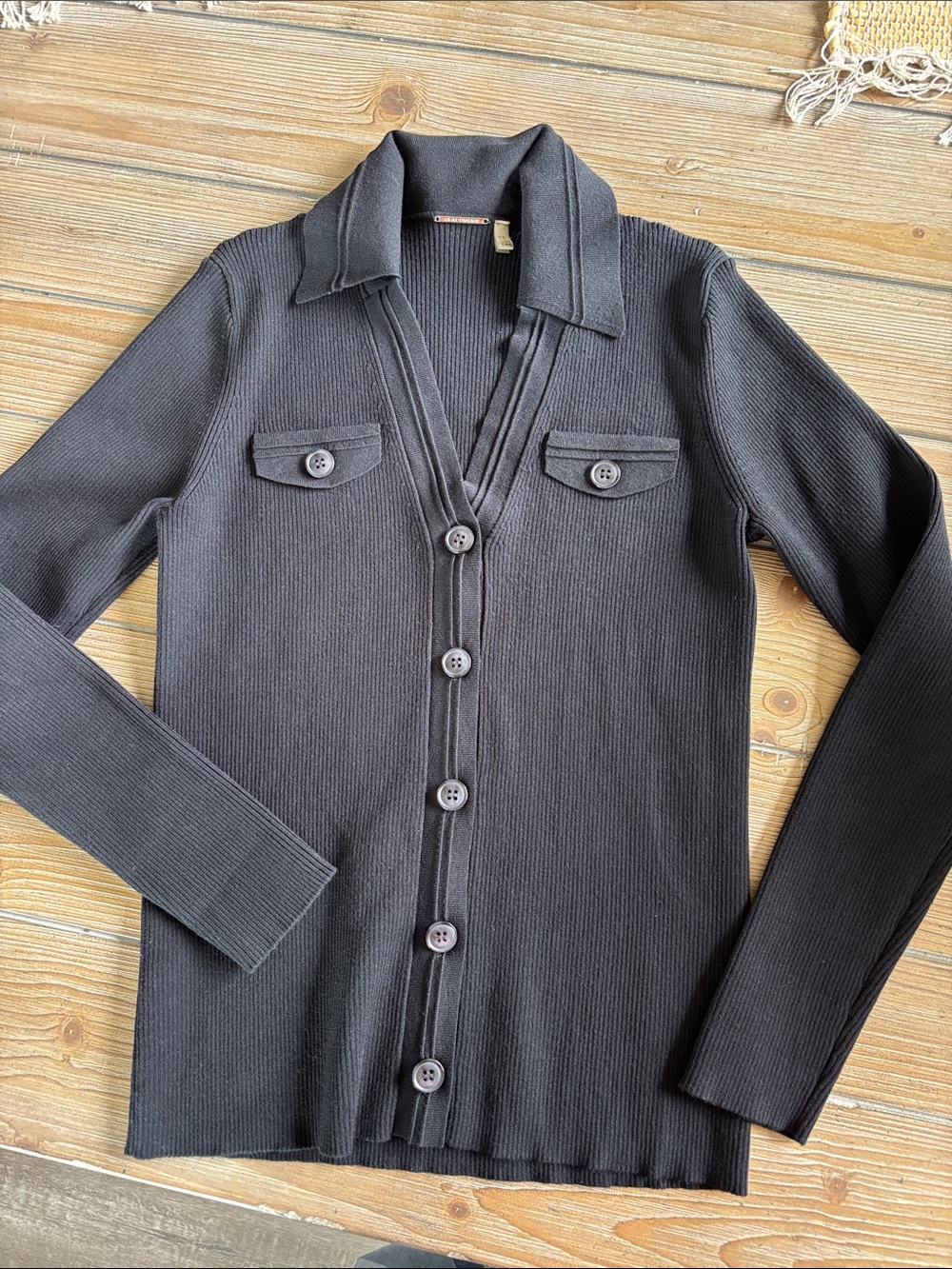 Ellie Tahari Black Button-Front Ribbed Knit Sweater